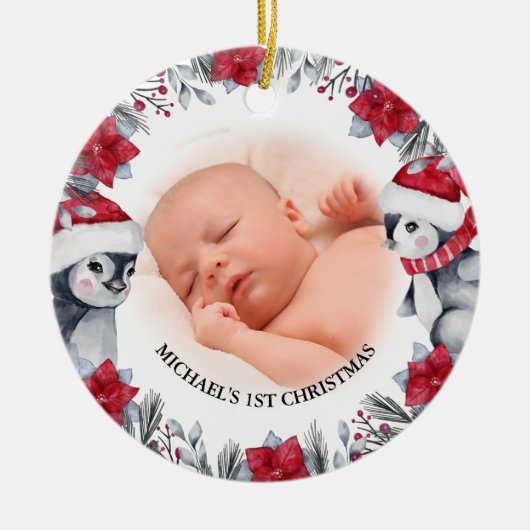 Babys First Kerstpinguin Foto Keramisch Ornament (Voorkant)
