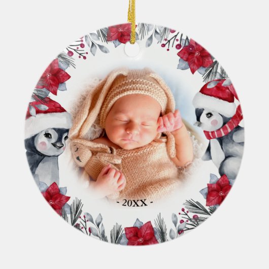 Babys First Kerstpinguin Foto Keramisch Ornament (Achterkant)