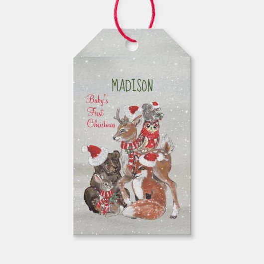 Baby's First KerstWoodland Animals Deer Bunny Cadeaulabel (Voorkant)