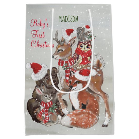 Baby's First KerstWoodland Animals Deer Bunny Medium Cadeauzakje (Achterkant)