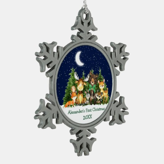 Baby's First Kerstwoud Animals Green Bow Tin Sneeuwvlok Ornament (Links)