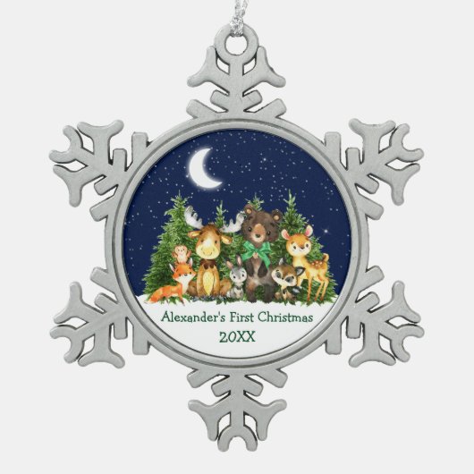 Baby's First Kerstwoud Animals Green Bow Tin Sneeuwvlok Ornament (Voorkant)