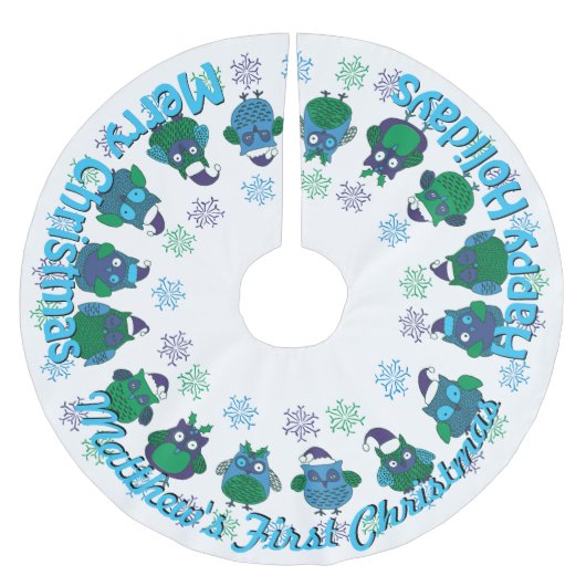 Baby's First Retro Santa Owls JOUW NAAM Tree Skirt Kerstboom Rok (Voorkant)