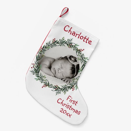 Baby's Foto - Eerste Kerstmis - Naam Jaar - Kleine Kerstsok (Voorkant (Hangend))