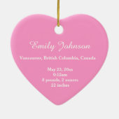 Baby's geboorterecord kerstversiering. Roze. Keramisch Ornament (Achterkant)