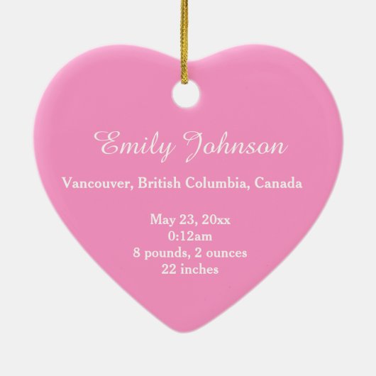 Baby's geboorterecord kerstversiering. Roze. Keramisch Ornament (Achterkant)