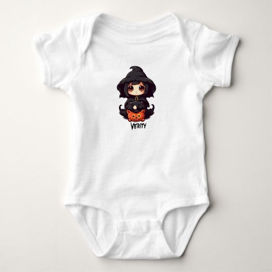Baby's Halloween Heks & Katten. Bewerkbare naam Romper (Voorkant)