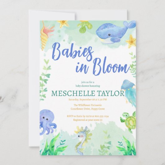 Baby's in Bloei Onder de Zee Blauwe Baby Shower Kaart (Voorkant)
