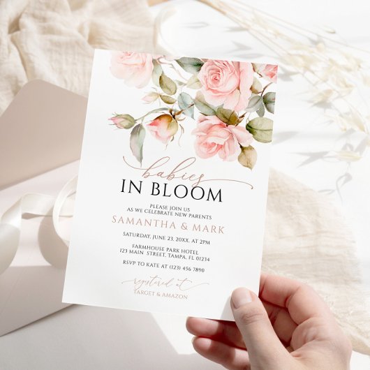 Baby's in Bloom Pink Rose Twins Baby shower Kaart