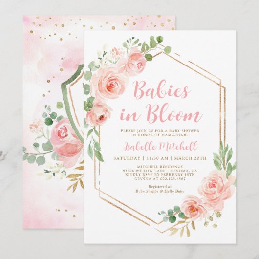 Baby's in Bloom Twins Baby shower Invitation Kaart (Voorkant / Achterkant)