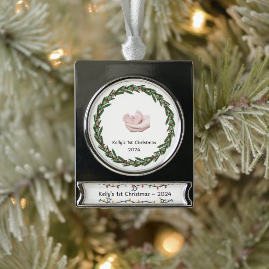 Baby's (Kelly's) 1st Christmas Custom Baby's Naam Verzilverd Banner Ornament (Boom)