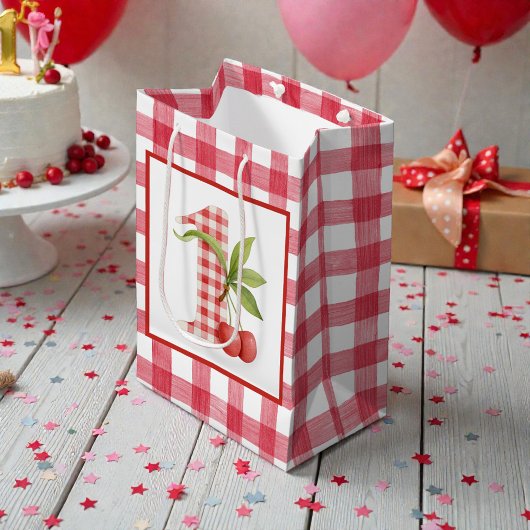 Baby's Kers Eerste Rode Gingham Verjaardag Medium Cadeauzakje