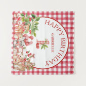 Baby's Kersen Eerste Rode Gingham Verjaardag Wandkleed (Voorkant (horizontaal))