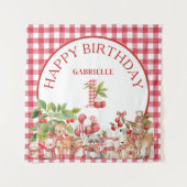 Baby's Kersen Eerste Rode Gingham Verjaardag Wandkleed (Voorkant)