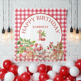 Baby's Kersen Eerste Rode Gingham Verjaardag  Wandkleed