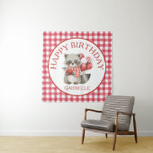 Baby's Kersen Eerste Rood Gingham Verjaardag Wandkleed (In situ)