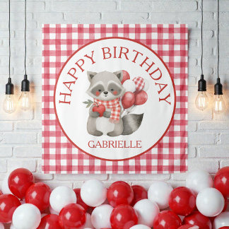 Baby's Kersen Eerste Rood Gingham Verjaardag Wandkleed