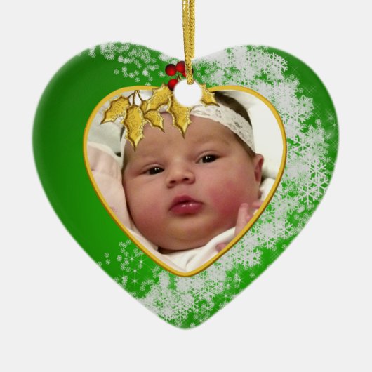 Baby's kerstgroen en gouden fotohart keramisch ornament (Voorkant)