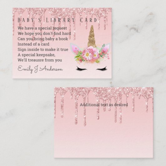 Babys Library Book Request Card Roze Unicorn Informatiekaartje (Voorkant / Achterkant)