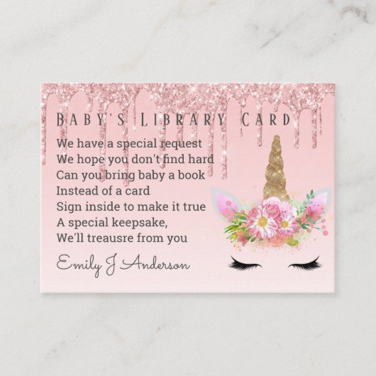 Babys Library Book Request Card Roze Unicorn Informatiekaartje (Voorkant)