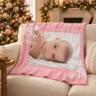 Baby's Mijn Eerste Kerst Foto Roze Sneeuwvlok Fleece Deken