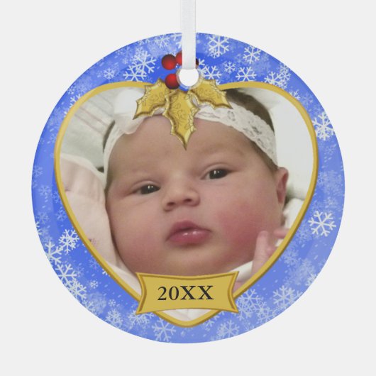 Baby's Photo Keepasa Gold Blue Snowy Kerstmis" Glas Ornament (Voorkant)