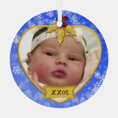 Baby's Photo Keepasa Gold Blue Snowy Kerstmis" Glas Ornament (Achterkant)