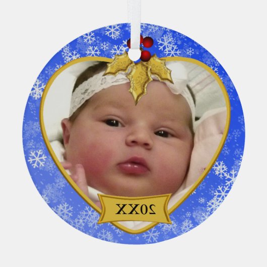 Baby's Photo Keepasa Gold Blue Snowy Kerstmis" Glas Ornament (Achterkant)