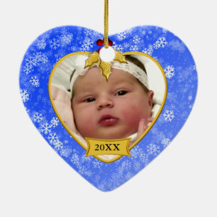Baby's Photo Keepomwille Gold Blue Snowy Kerstmis Keramisch Ornament