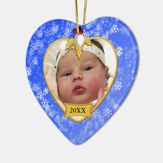 Baby's Photo Keepomwille Gold Blue Snowy Kerstmis Keramisch Ornament (Links)