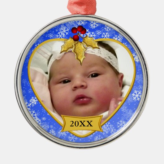 Baby's Photo Keepomwille Gold Blue Snowy Kerstmis Metalen Ornament (Voorkant)