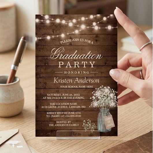 Baby's Rustic String Light Graduation Party Kaart