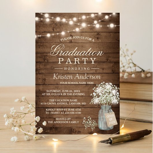 Baby's Rustic String Light Graduation Party Kaart