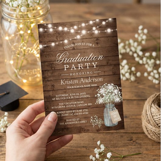 Baby's Rustic String Light Graduation Party Kaart