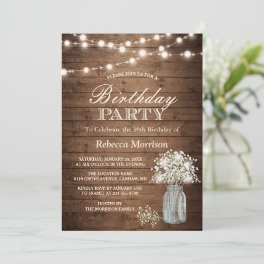 Baby's Rustic String Lights Birthday Party Kaart (Staand voorkant)