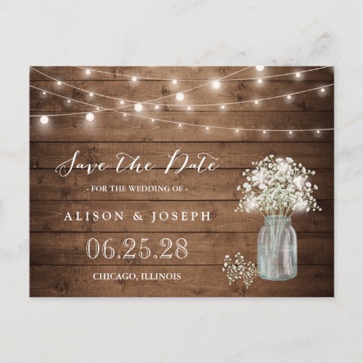 Baby's Rustic String Lights Save the Date Briefkaart (Voorkant)