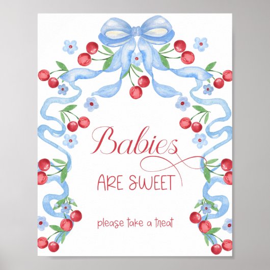 Baby's zijn zoet Cherry Blue Bow Baby shower Poster (Voorkant)