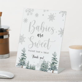 Baby's zijn zoete, zilveren baby showers gebaren reclamebord met voetstuk