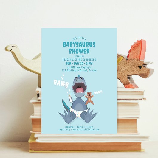 Babysaurus T-rex Blauwe Baby Shower Uitnodiging