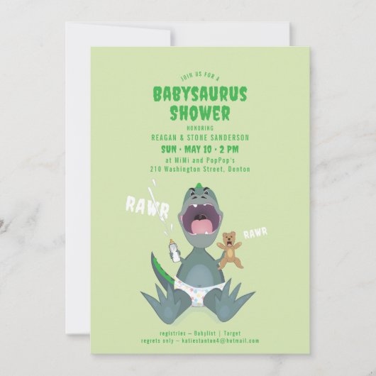 Babysaurus T-rex Green Baby Shower Invitation Kaart (Voorkant)