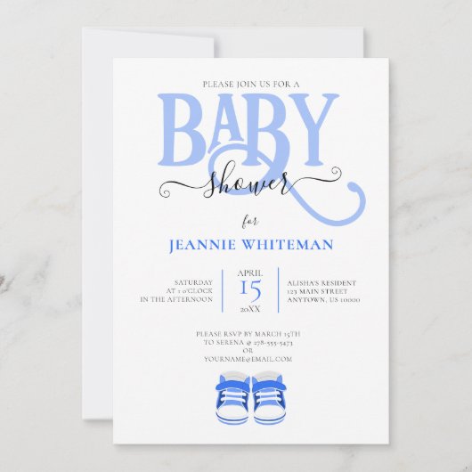 BABYSHOWER, BLAUWE LAARSJES, BLAUWE TYPOGRAFIE KAART (Voorkant)
