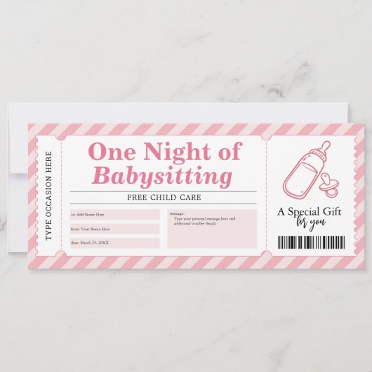 Babysiteservoir Roze Cadeaubon Voucher Kaart (Voorkant)