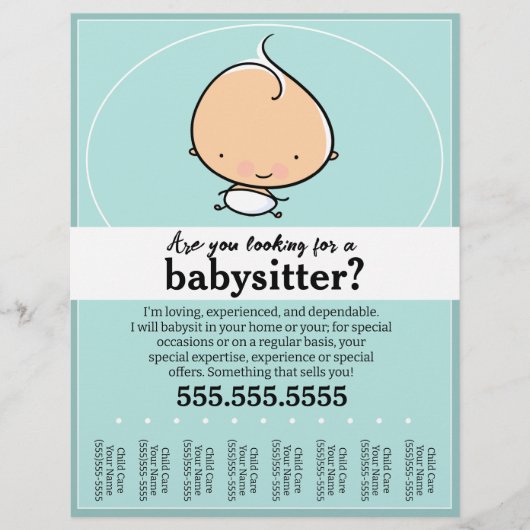 Babysitten, dagopvang, kinderopvang, blauwgroen tr flyer (Voorkant)
