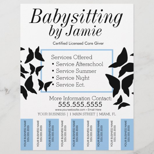 Babysitten Kinderopvang Vlinder Afscheur Strips Flyer (Voorkant)