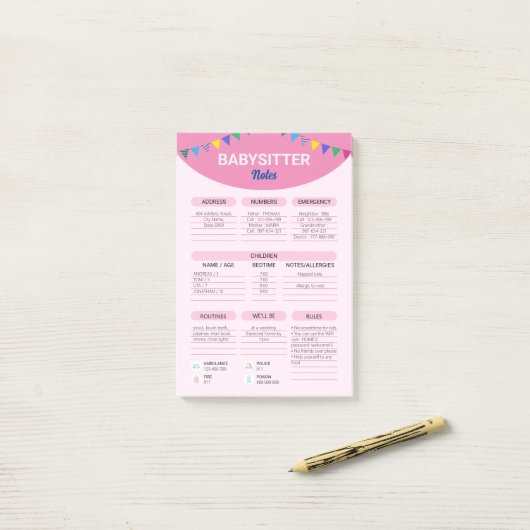 Babysitten Zakelijk | Babysitter Informatiebrief Post-it® Notes (Op bureau)