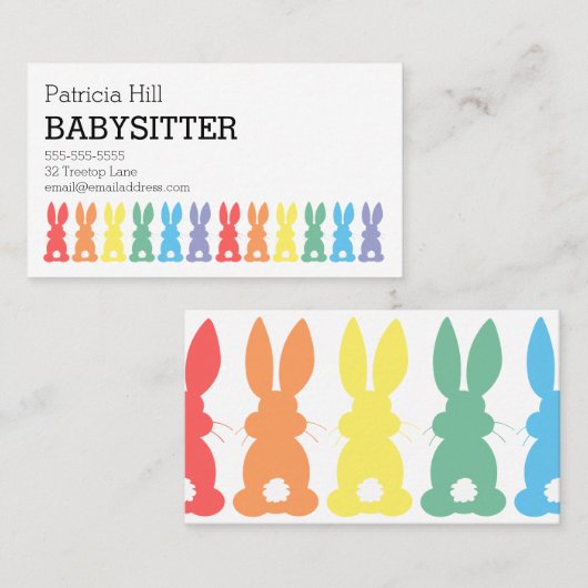 Babysitter Childcare Rainbow Bunny Silhouette Cute Visitekaartje (Voorkant / Achterkant)