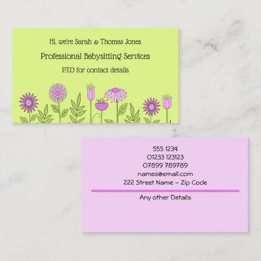 Babysitter Contact Bloemen Visitekaartje (Voorkant / Achterkant)