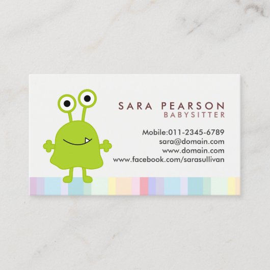Babysitter Cute Green Monster Alien Business Card Visitekaartje (Voorkant)