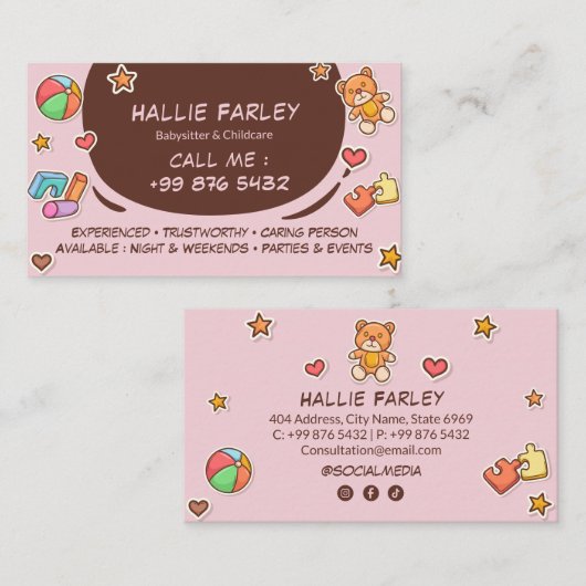 babysitter | Leuke chocolade stickers Visitekaartje (Voorkant / Achterkant)