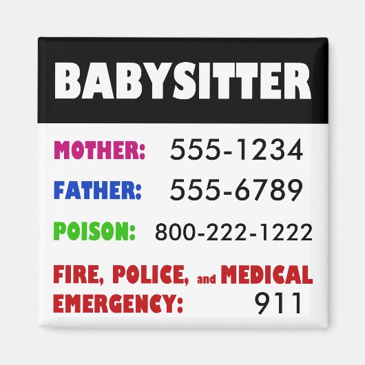 Babysitter Noodgevallen Telefoonnummers magneet (Voorkant)